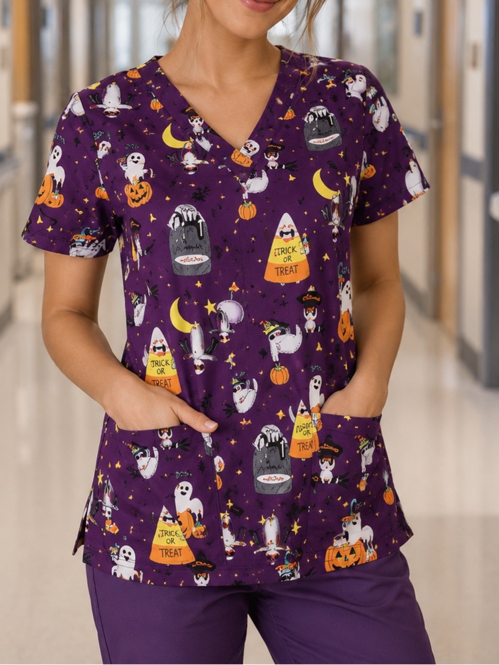 NWT Women’s XXS Cherokee Trick Or Treat Halloween Scrub Top